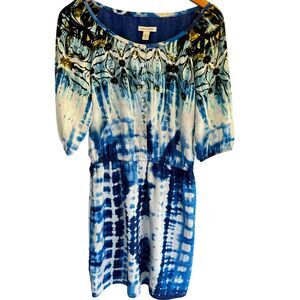 Boston Proper Size 6 Blue White Short Sleeve Dress Cinched Waist Tropical Resort